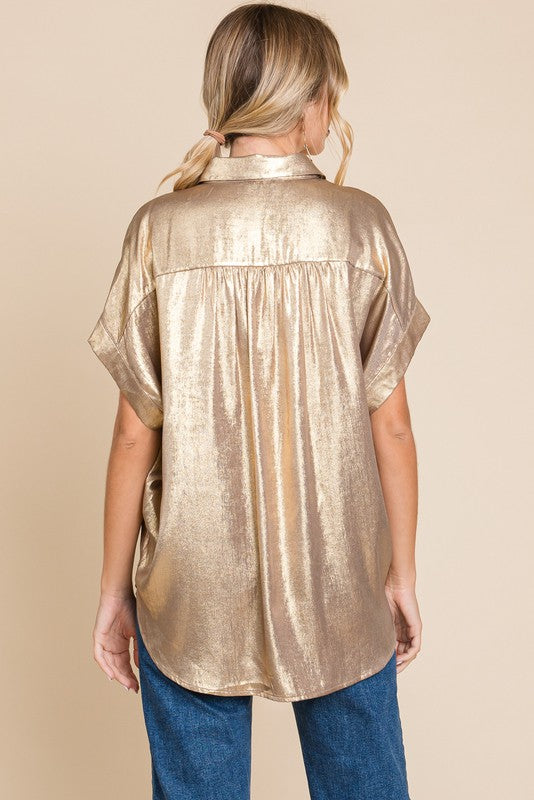 Metallic Collared Button Up Top