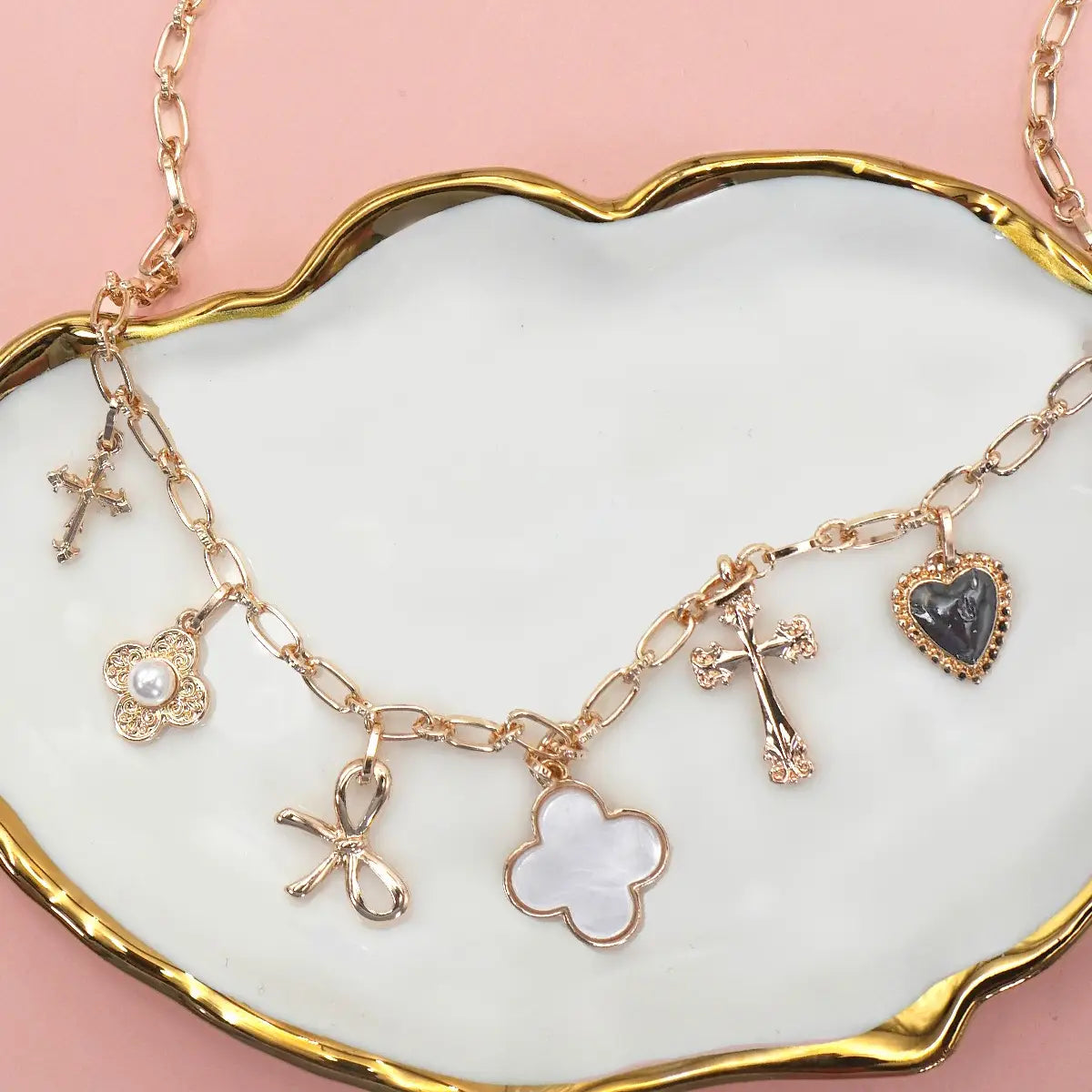 Charm Necklace-Clover Bow Cross Heart Flower