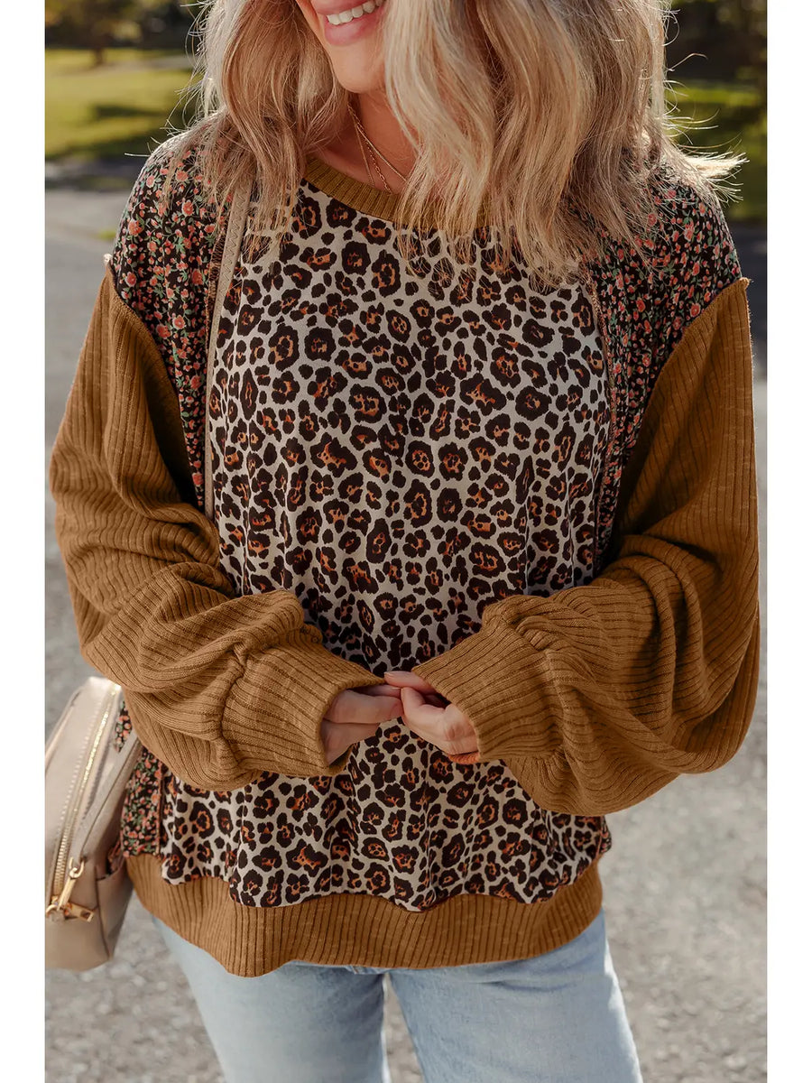Leopard Floral Print Ribbed Puff Sleeve Pullover