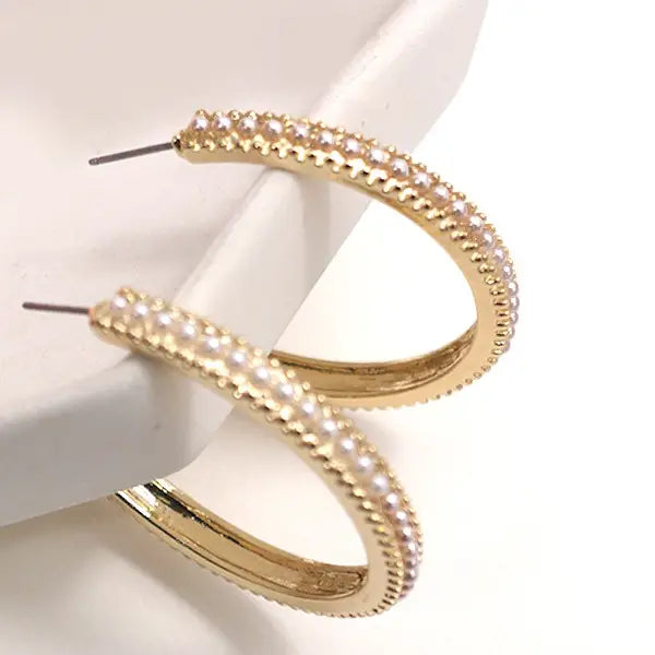 Pearl Pave Titanium Post Stud Hoop Earrings