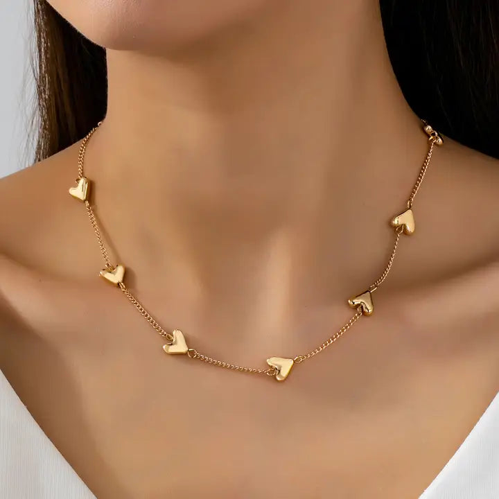 Puffed Heart Station Necklace