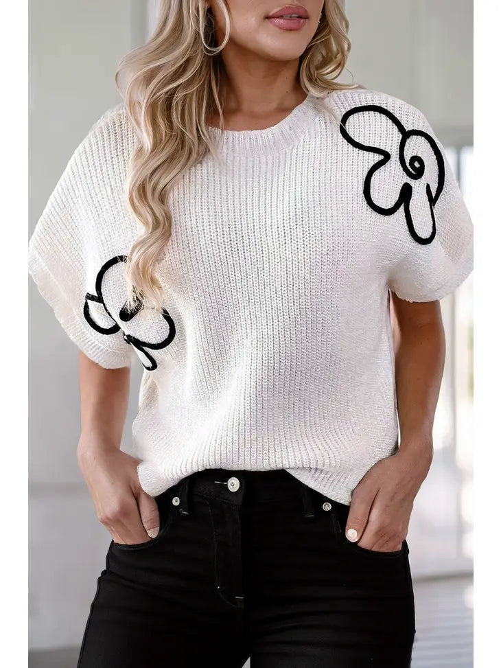 White Floral Pattern Short Batwing Sleeve Sweater