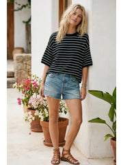 Oversized Striped Knit Short Sleeve Top