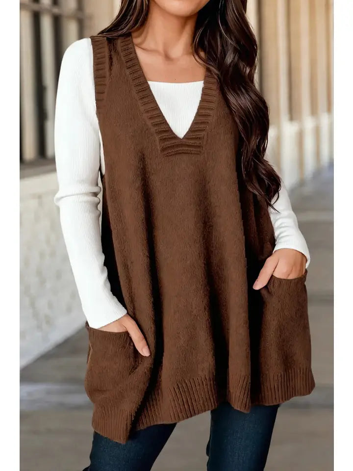 V Neck Front Pocket Tunic Sweater