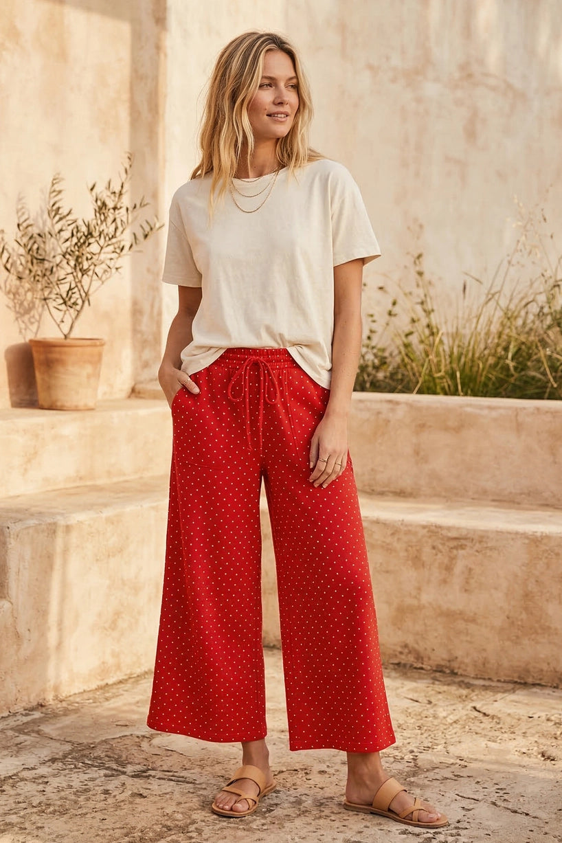 Red & White Polka Dot Wide Leg Pants