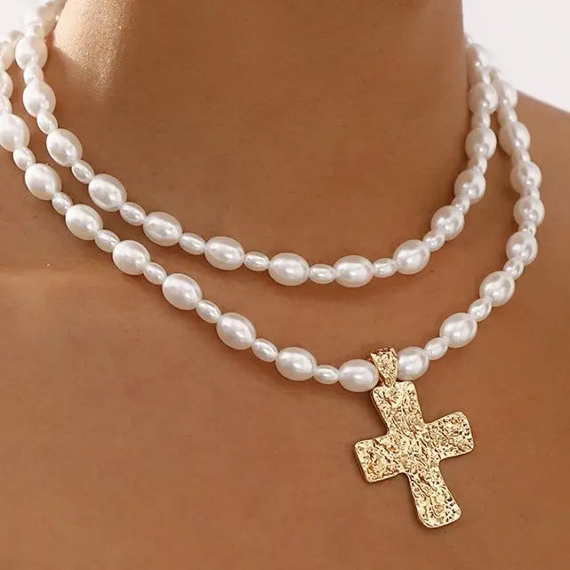 Pearl Beaded Cross Necklace