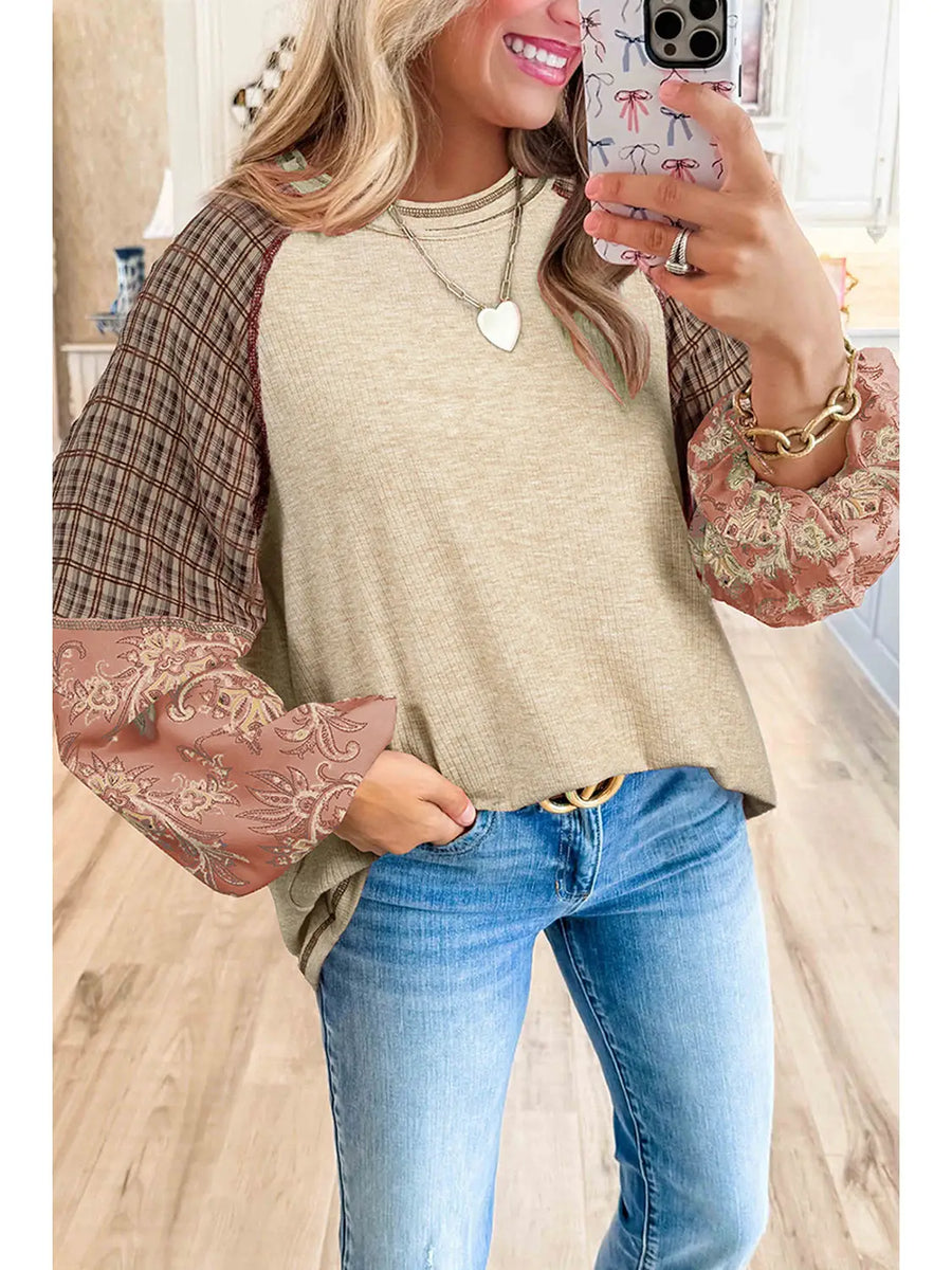 Paisley Plaid Raglan Sleeve Blouse