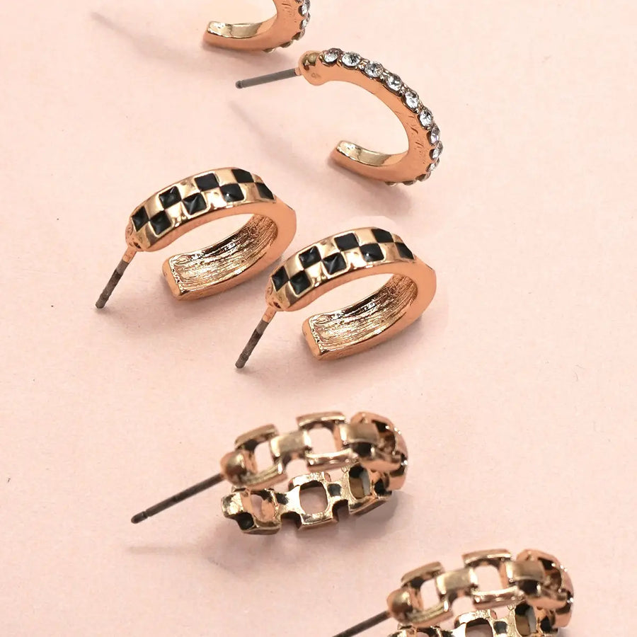 Baguette Stone Double Hoop Huggie Trio Earrings