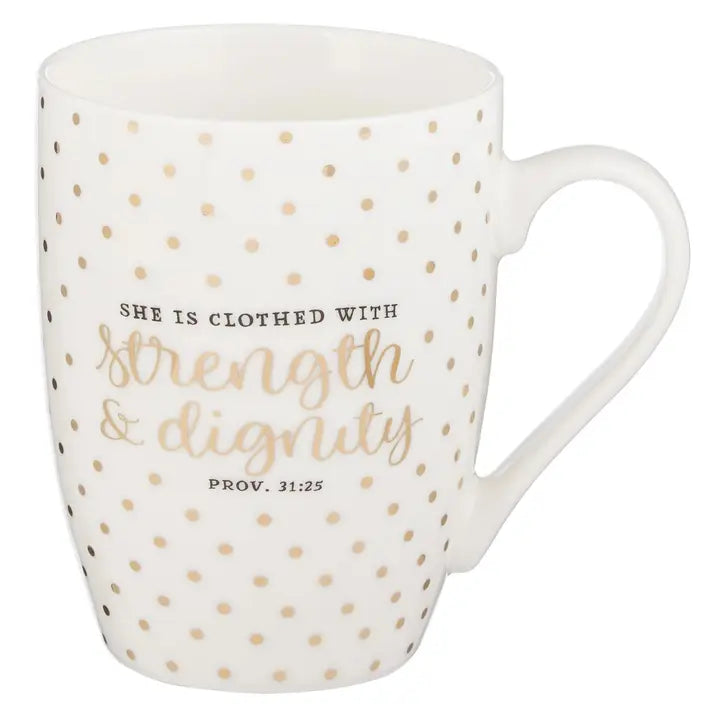 Mug White with Gold Polka Dots Strength and Dignity