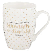 Mug White with Gold Polka Dots Strength and Dignity