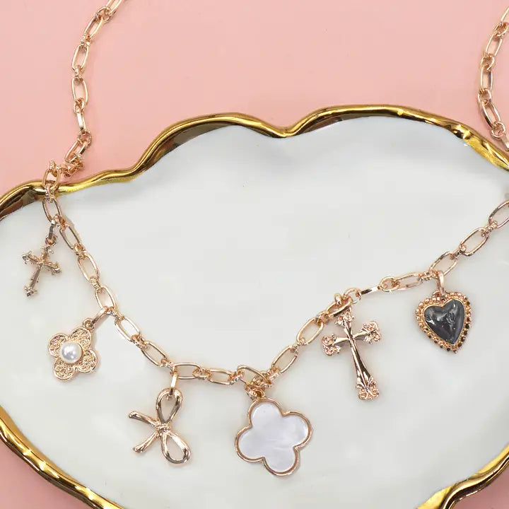 Charm Necklace Clover Bow Cross Heart Flower