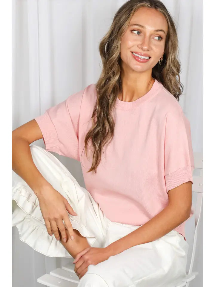 Crew Neck Short Dolman Lightweight Sweater Top