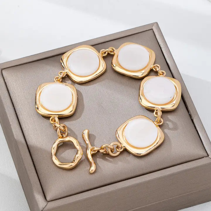 White Pearly Inlay Square Link Bracelet