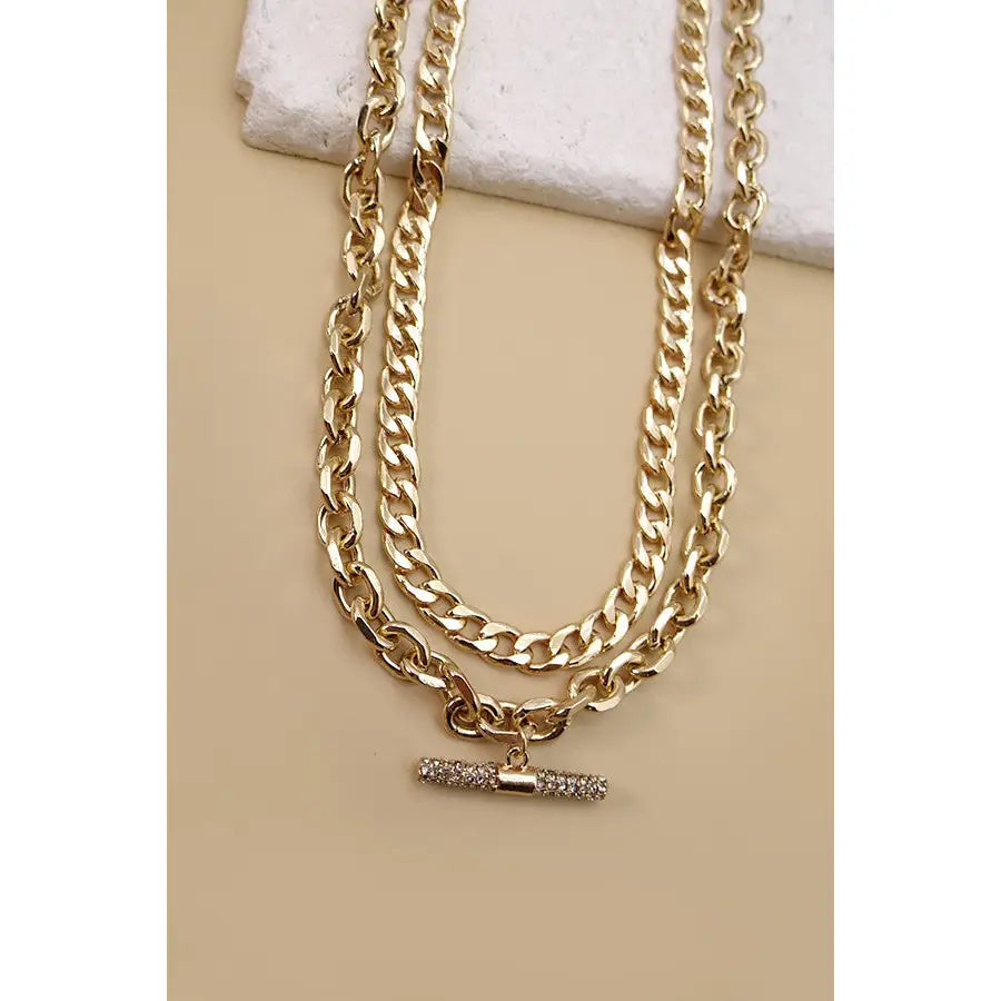 Rhinestone Bar Chunky Chain Double Layer Necklace