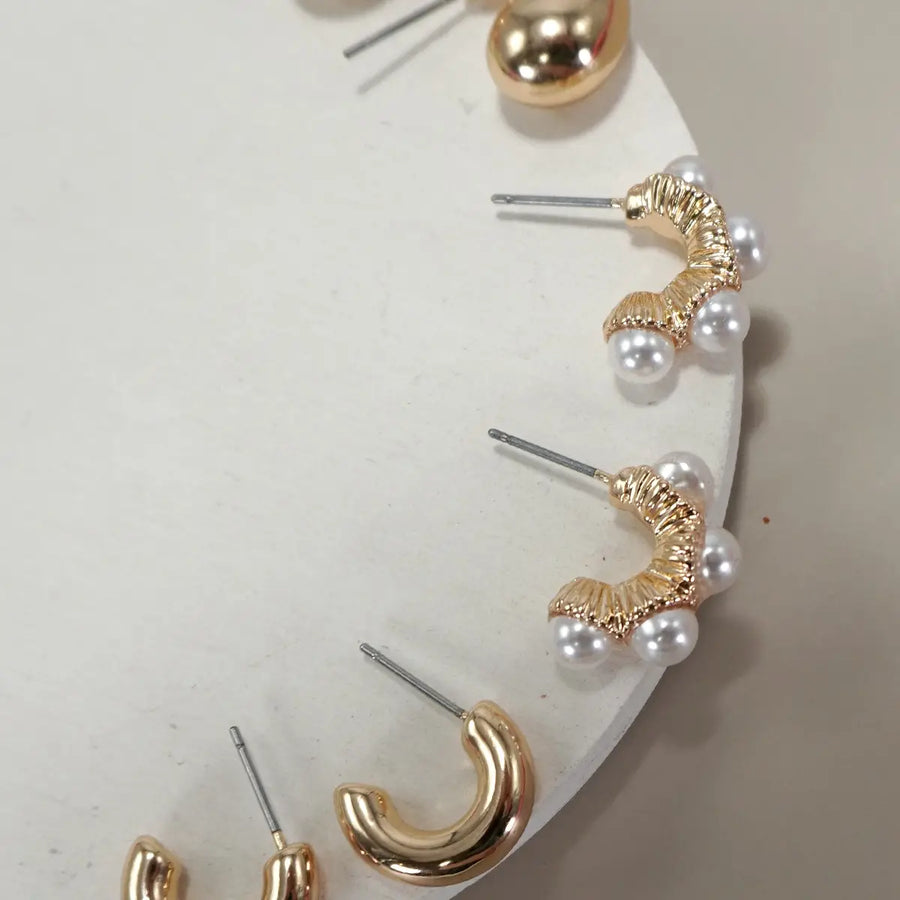 Trio Huggie Pearl Gold Hoop Earrings