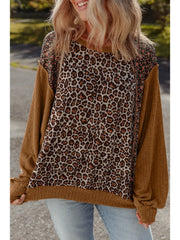 Leopard Floral Print Ribbed Puff Sleeve Pullover