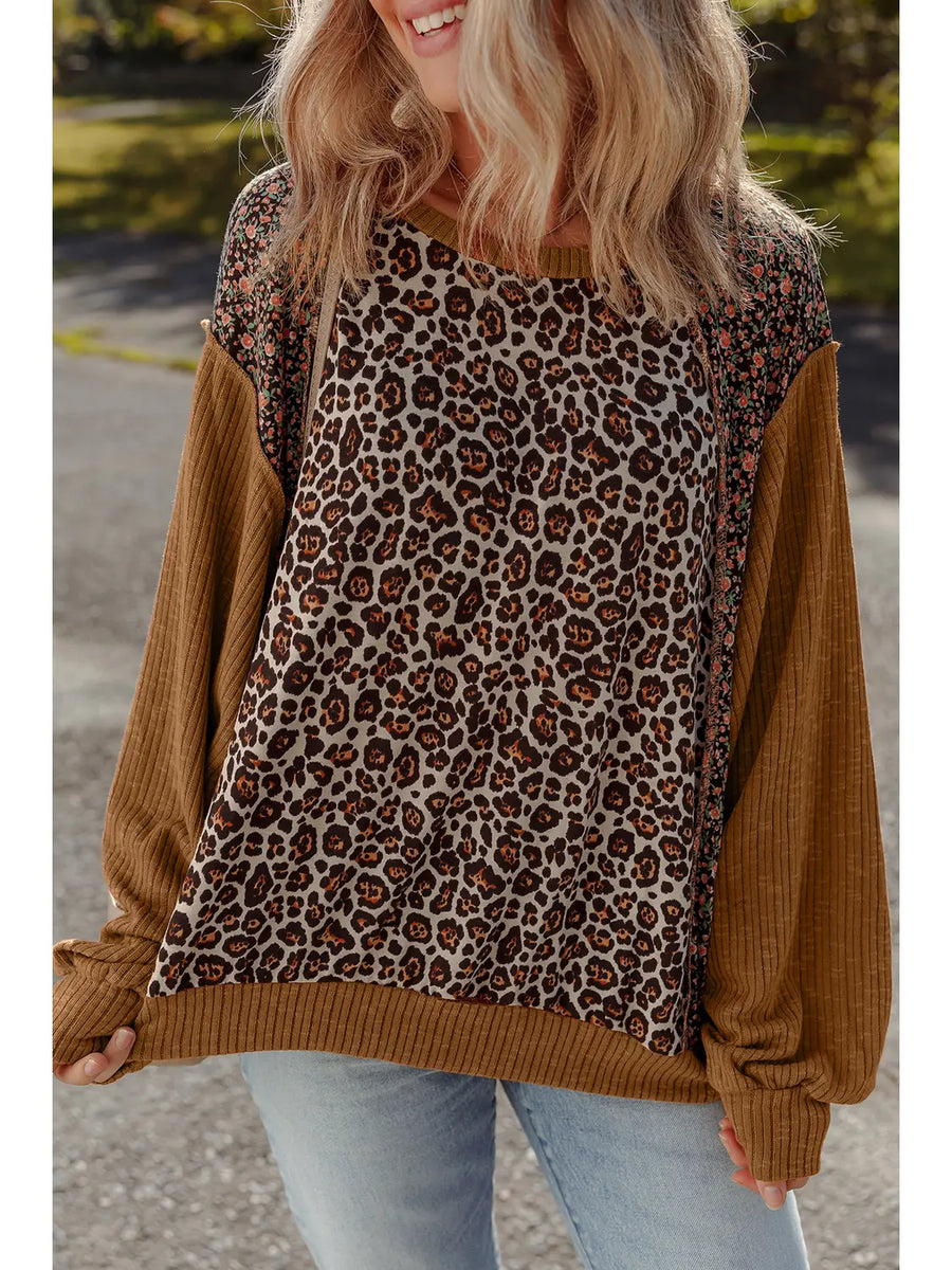 Leopard Floral Print Ribbed Puff Sleeve Pullover