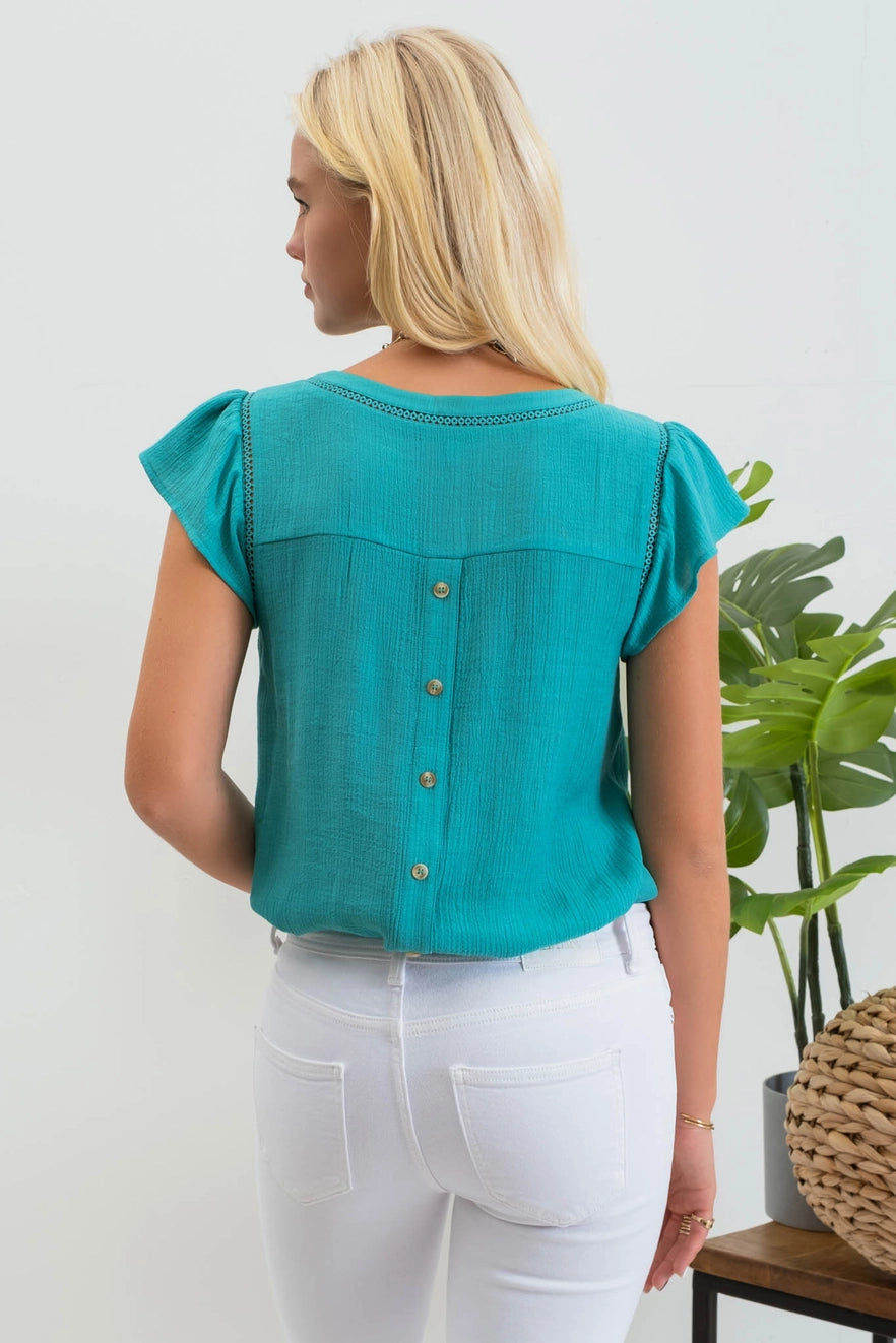 Tulip Sleeve Back Button Blouse