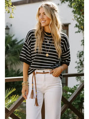 Oversized Striped Knit Short Sleeve Top