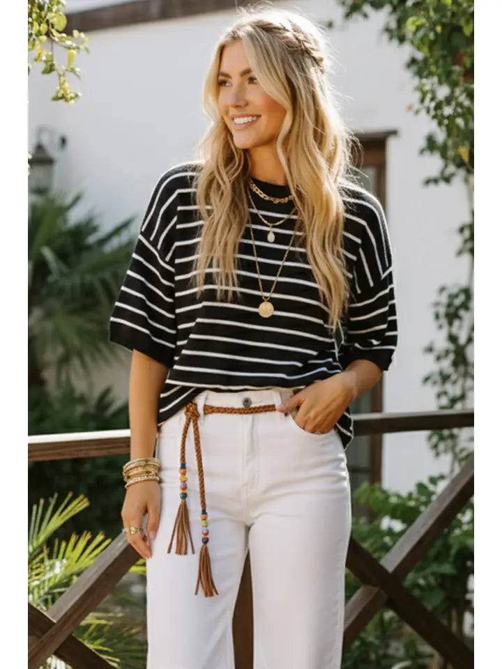 Oversized Striped Knit Short Sleeve Top