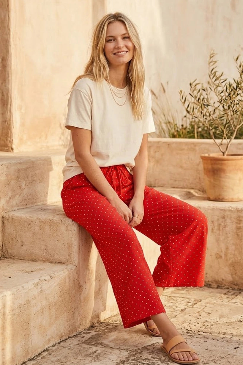 Red & White Polka Dot Wide Leg Pants
