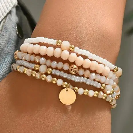 Multilayer Beaded Chain Disc Charm Bracelet