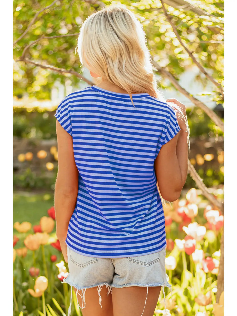 Stripe Ribbed Cap Sleeve Summer T-Shirt