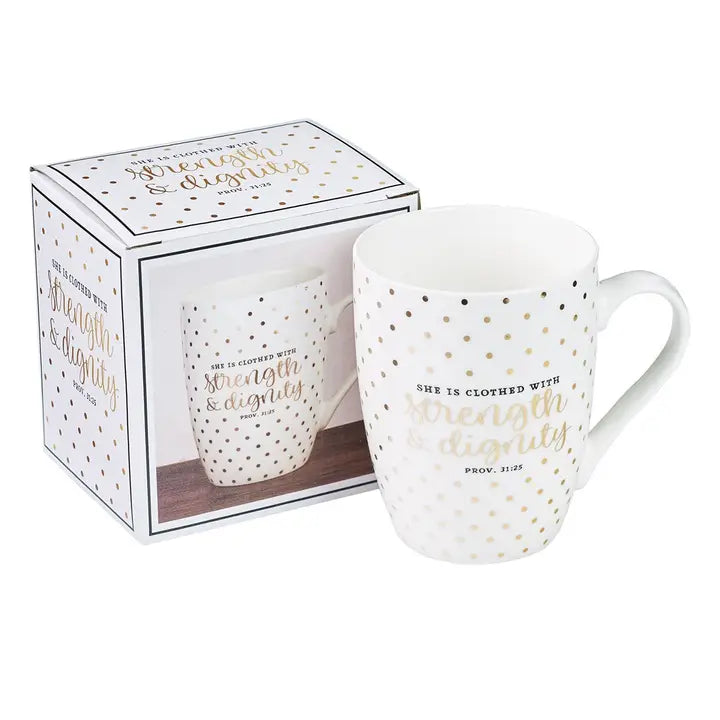 Mug White with Gold Polka Dots Strength and Dignity