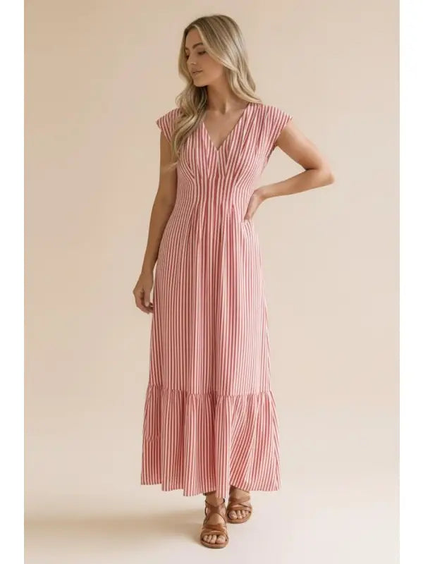 Vertical Stripe Woven Maxi Dress Red