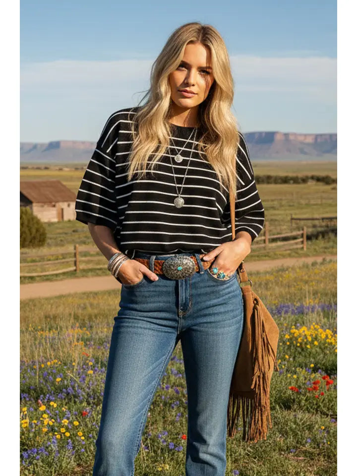 Oversized Striped Knit Short Sleeve Top