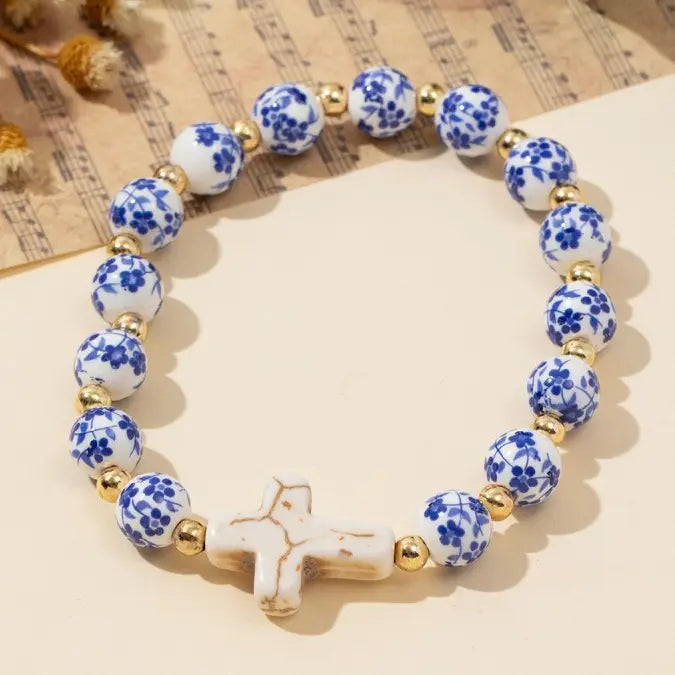 Blue Ceramic Cross Bracelet