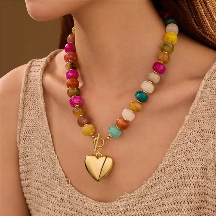Multi Beaded Heart Charm Necklace