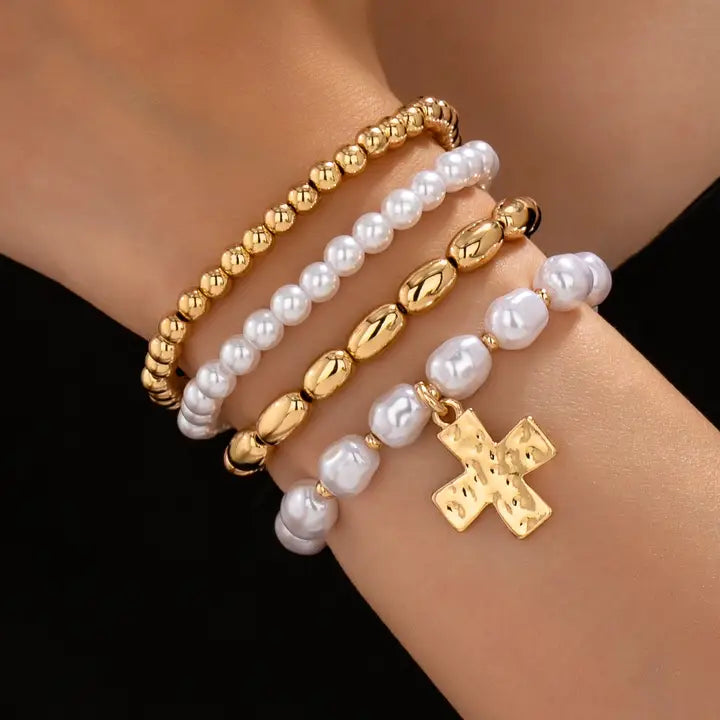 Pearl & Gold Cross Bracelet Set