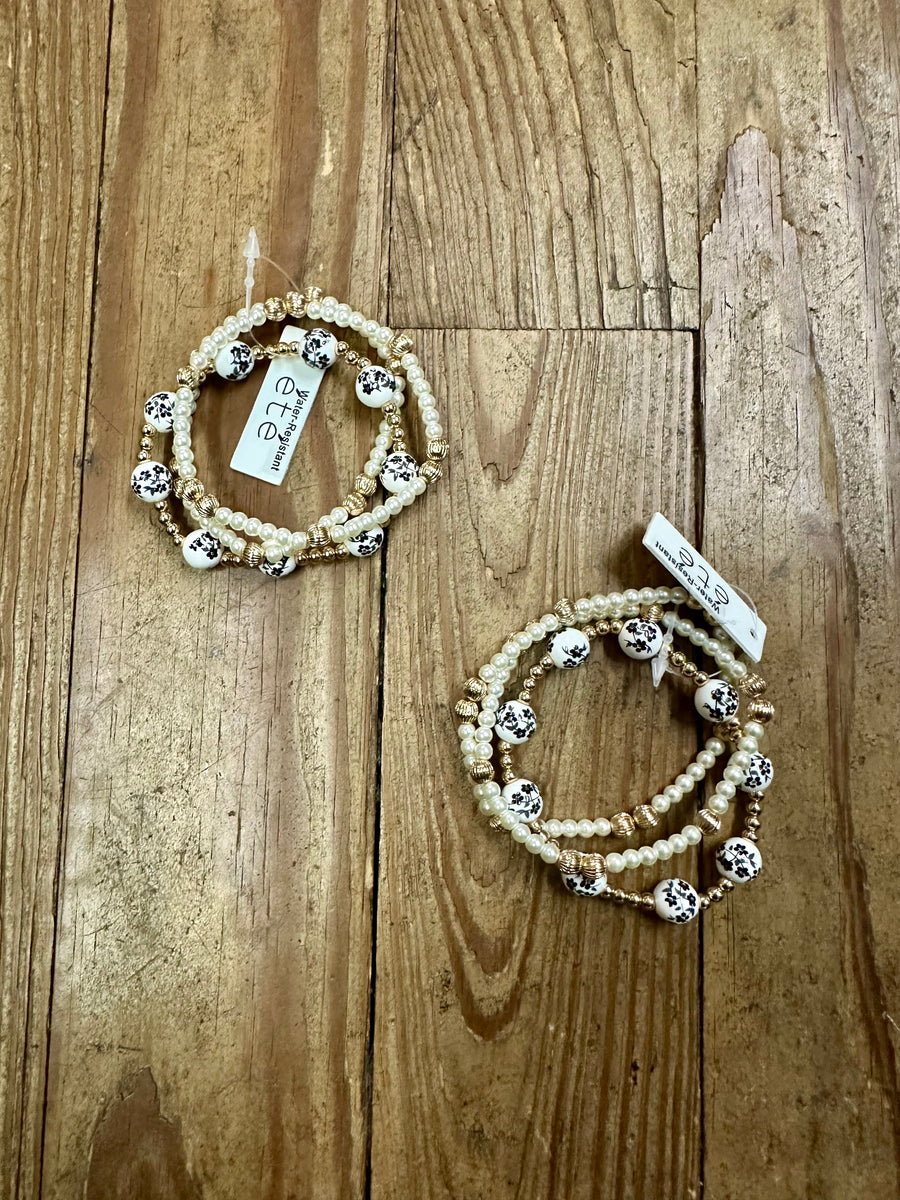 Black Floral Beaded Bracelet Stack