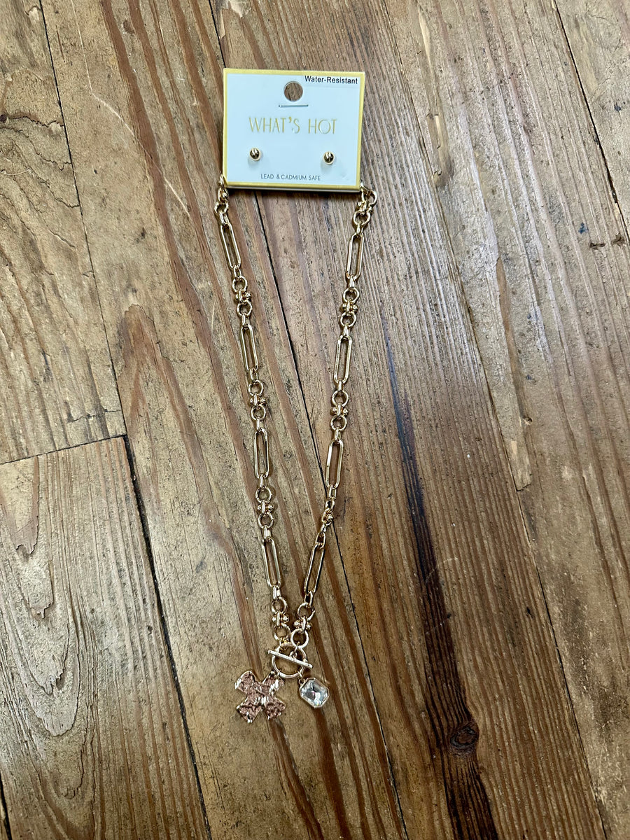 Hammered Rhinestone Cross Necklace