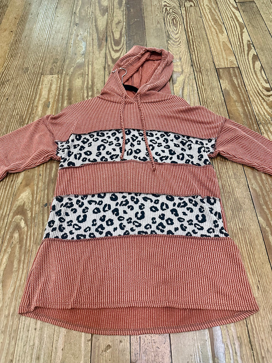 Leopard and Rust Ribbed Hoodie