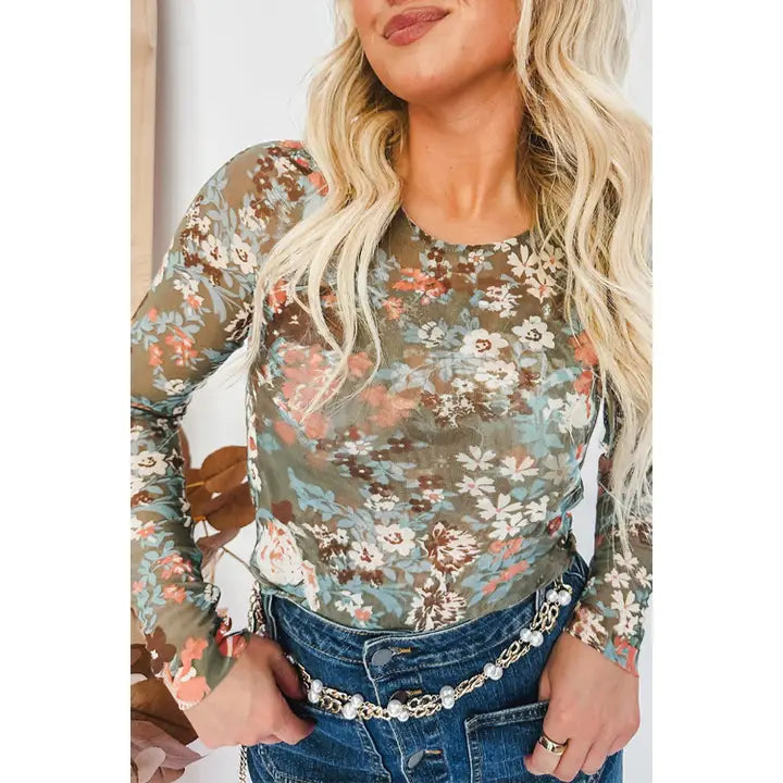 Taupe Floral Mesh Top