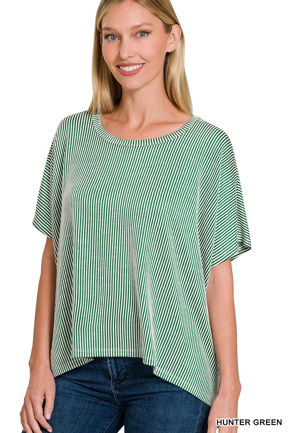 RIBBED STRIPED OVERSIZED SHORT SLEEVE TOP