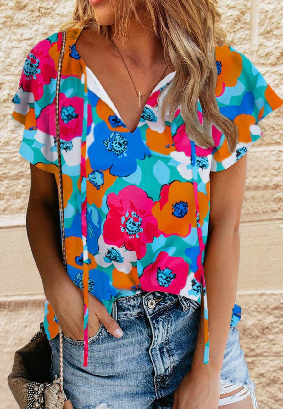 Teal Floral Flutter Sleeve