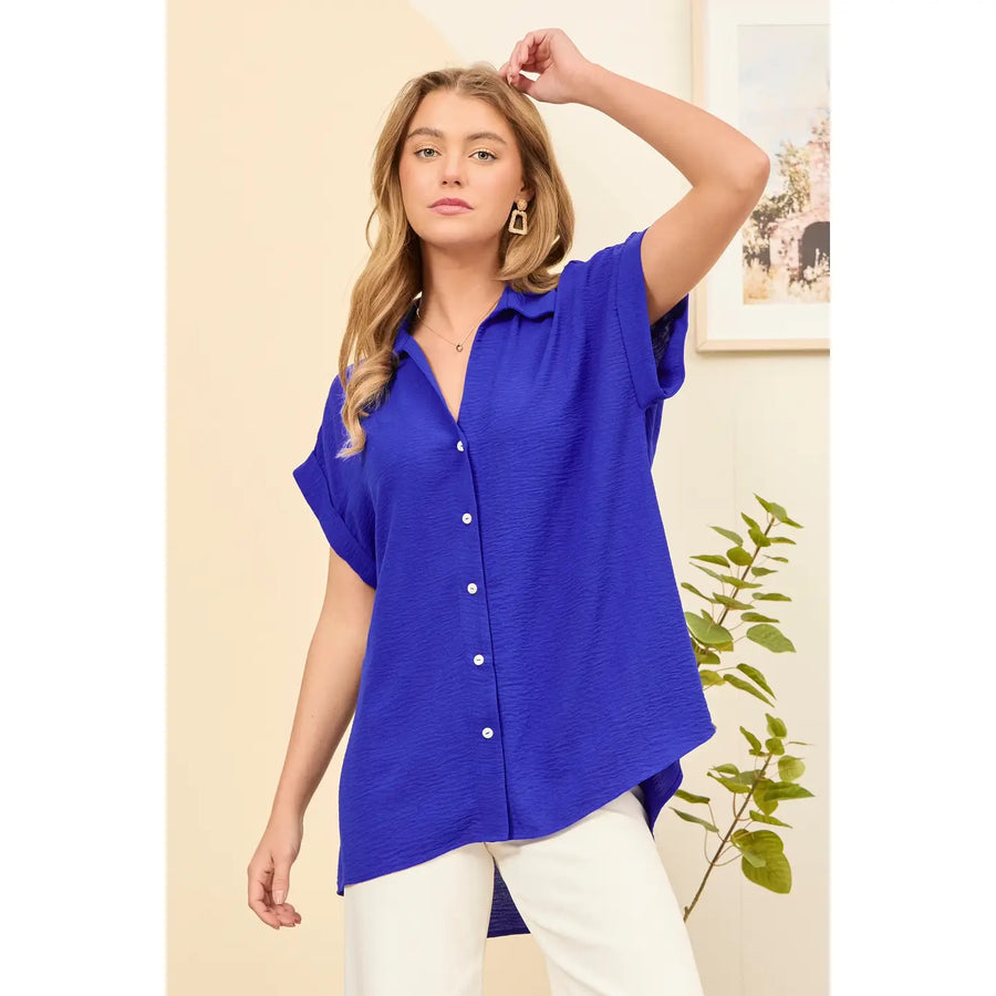 Royal Blue Pleated Button Top