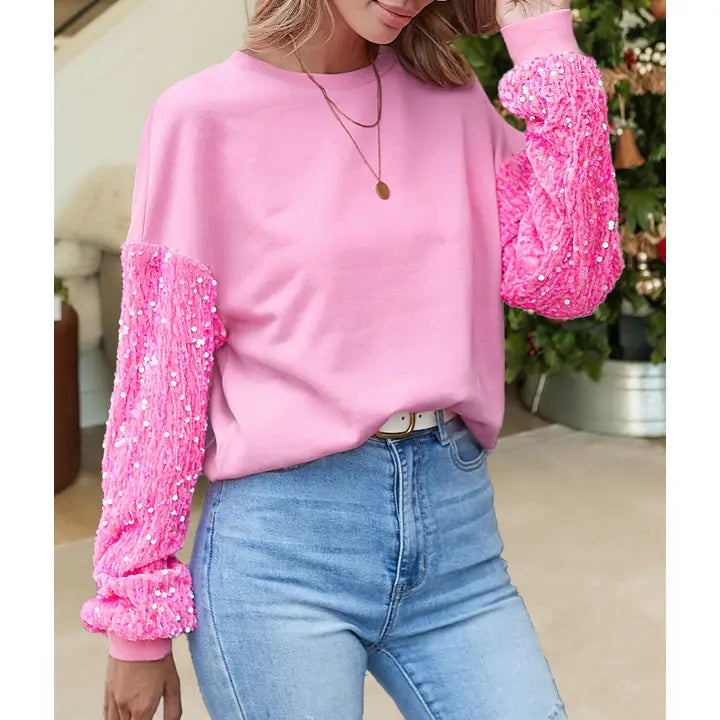 Pink Sequin Sleeve Sweatshirt